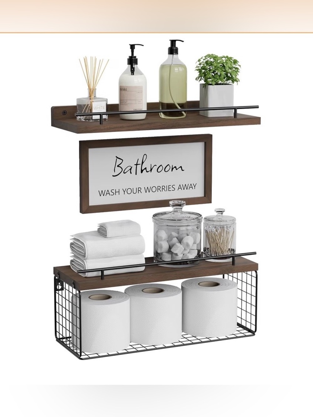 Wood and Metal Wall Shelf with Basket & Wall Sign